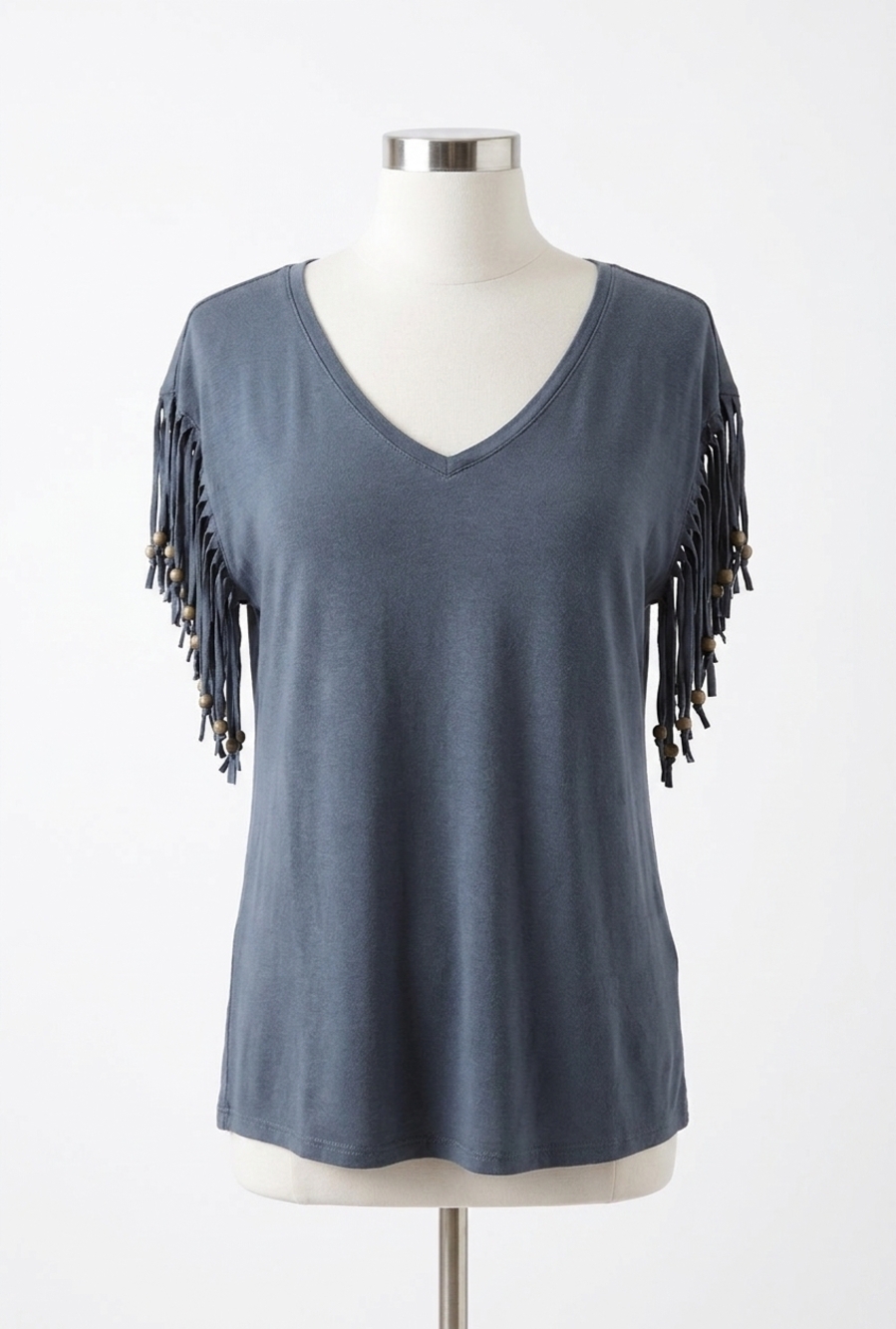 NEW ANGEL stone wash cut out fringe beaded sleeve top in charcoal